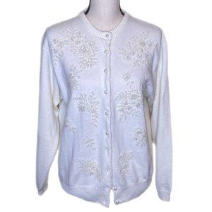 Alfred Dunner Womens Long Sleeve Cream Embellished Cardigan Sweater Size M